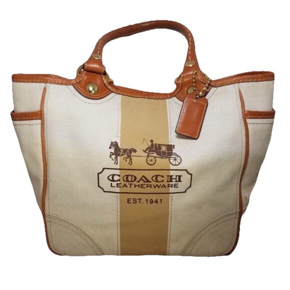 Coach Handbags - Coach Heritage Bleaker Canvas 1941 Carriage Leatherworks Tote Stripe tattersall